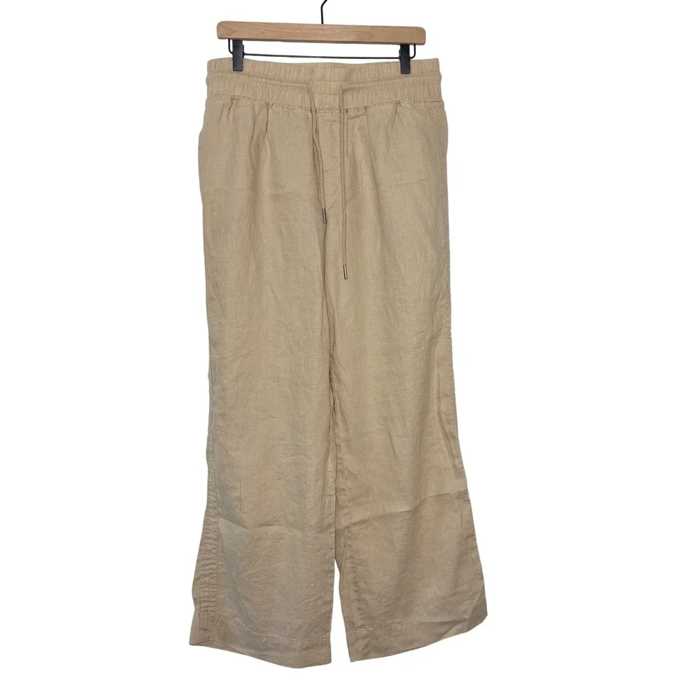 Quince Wide Leg Linen Pants Drawstring Waist Tan Large